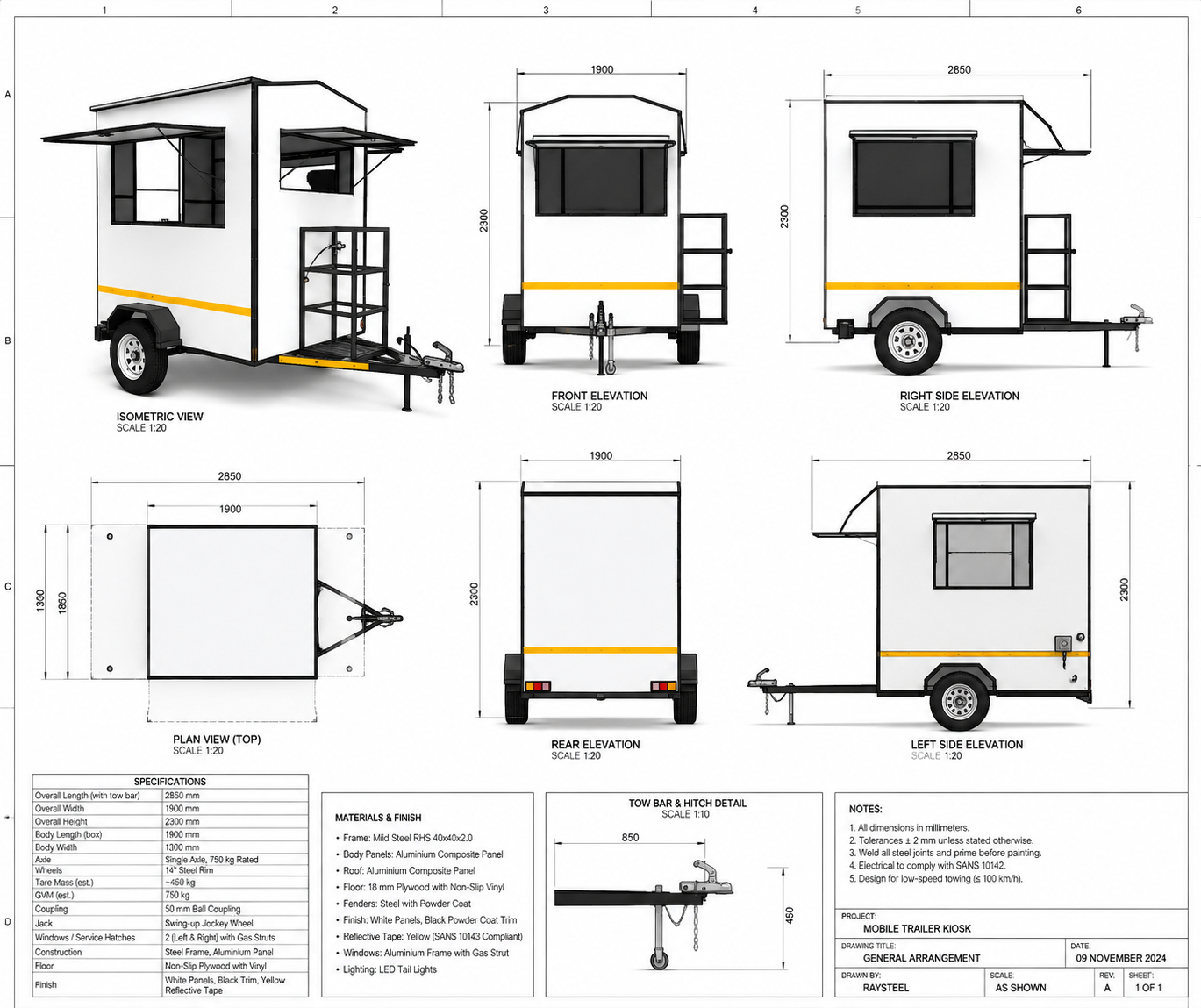 Mobile trailer kiosk engineering drawing with isometric, elevation, plan, and hitch detail views